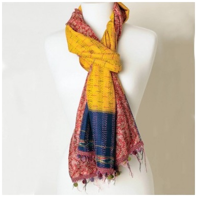 Skinny Silk Kantha Scarf with PomPoms